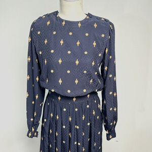 Maggy London Jeannene Booker Navy Silk Dress‎ Midi Pleated Pattern Size 6
